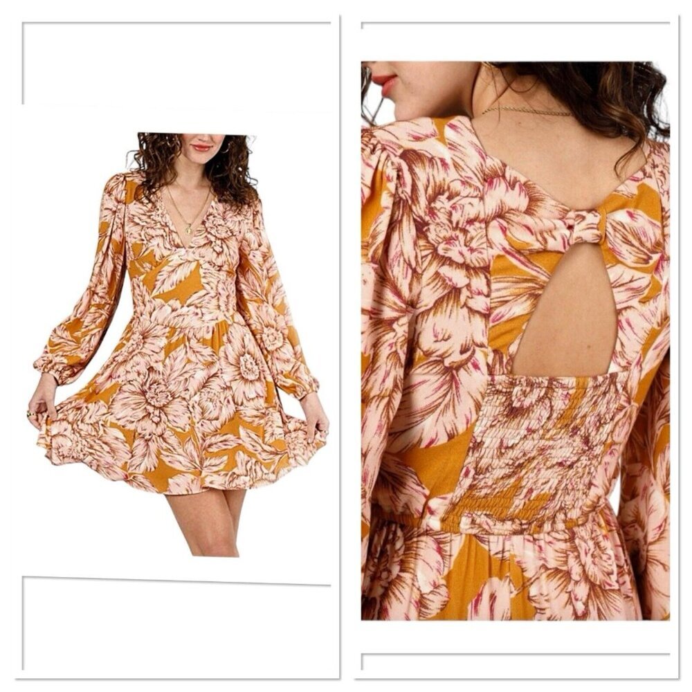 B.O.G Band of the Free Long‎ Sleeve Mini Dress Gold Blush Pink Floral Medium New